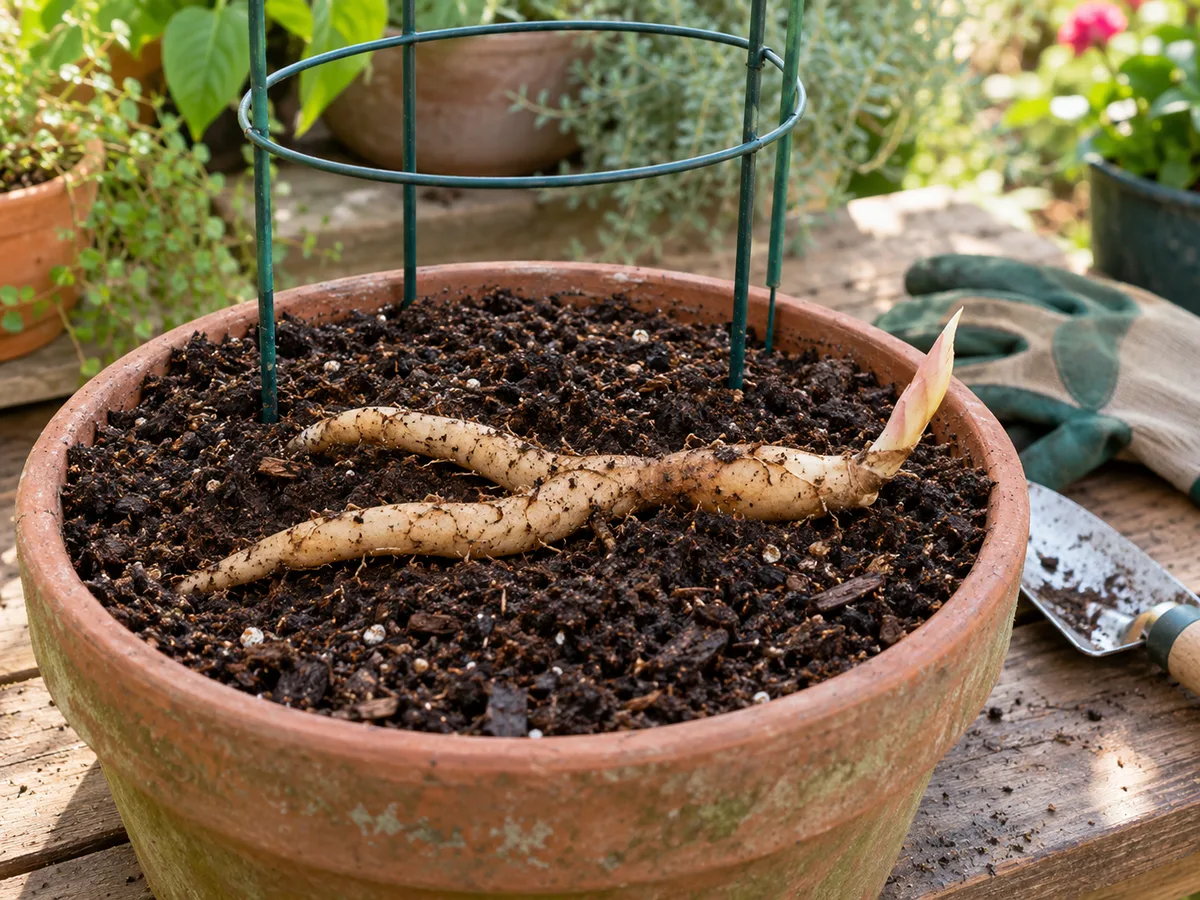 A Gloriosa lily tuber laid horizontally in a prepared pot with its growing tip angled upward