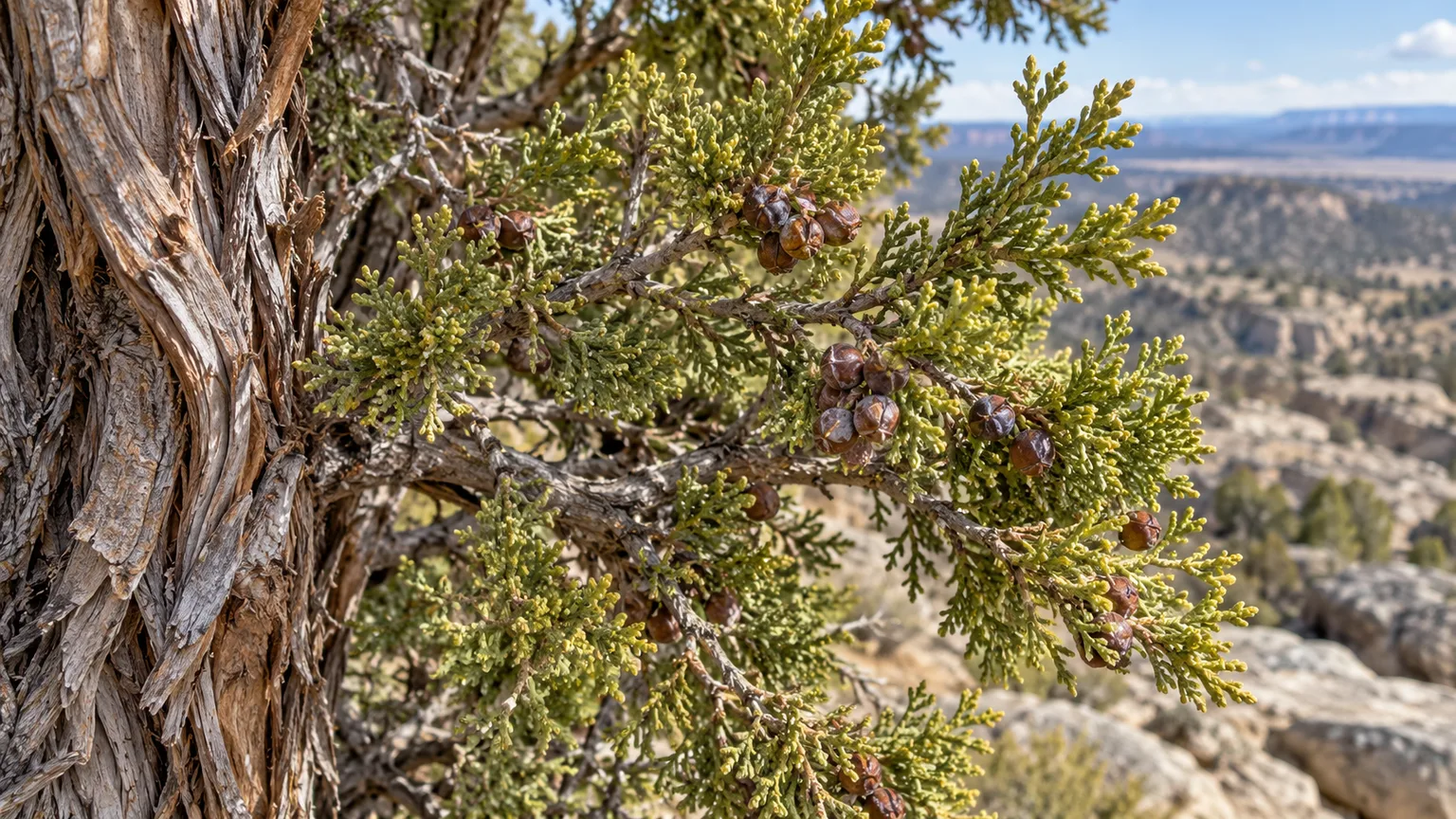 Utah juniper bark, scale foliage, and mature dry seed cones
