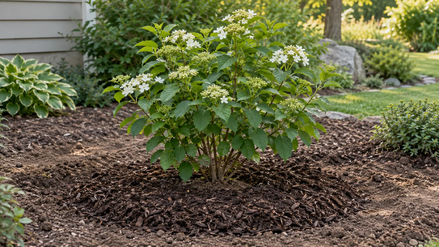 Arrowwood viburnum growing in a mulched garden bed with open space around its stems