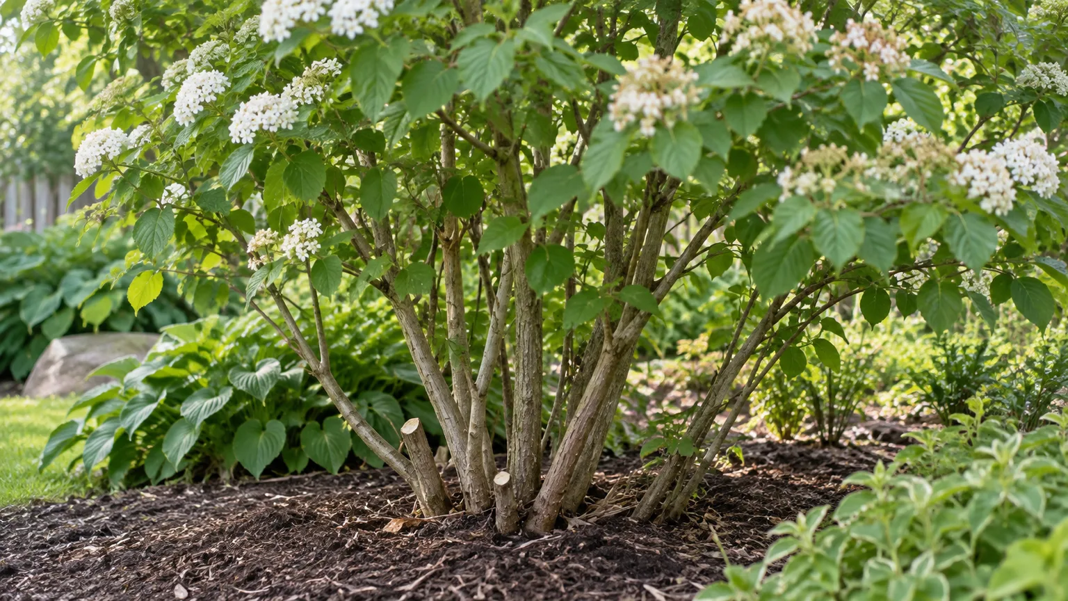 A selectively thinned arrowwood viburnum showing its multi-stem base and natural canopy