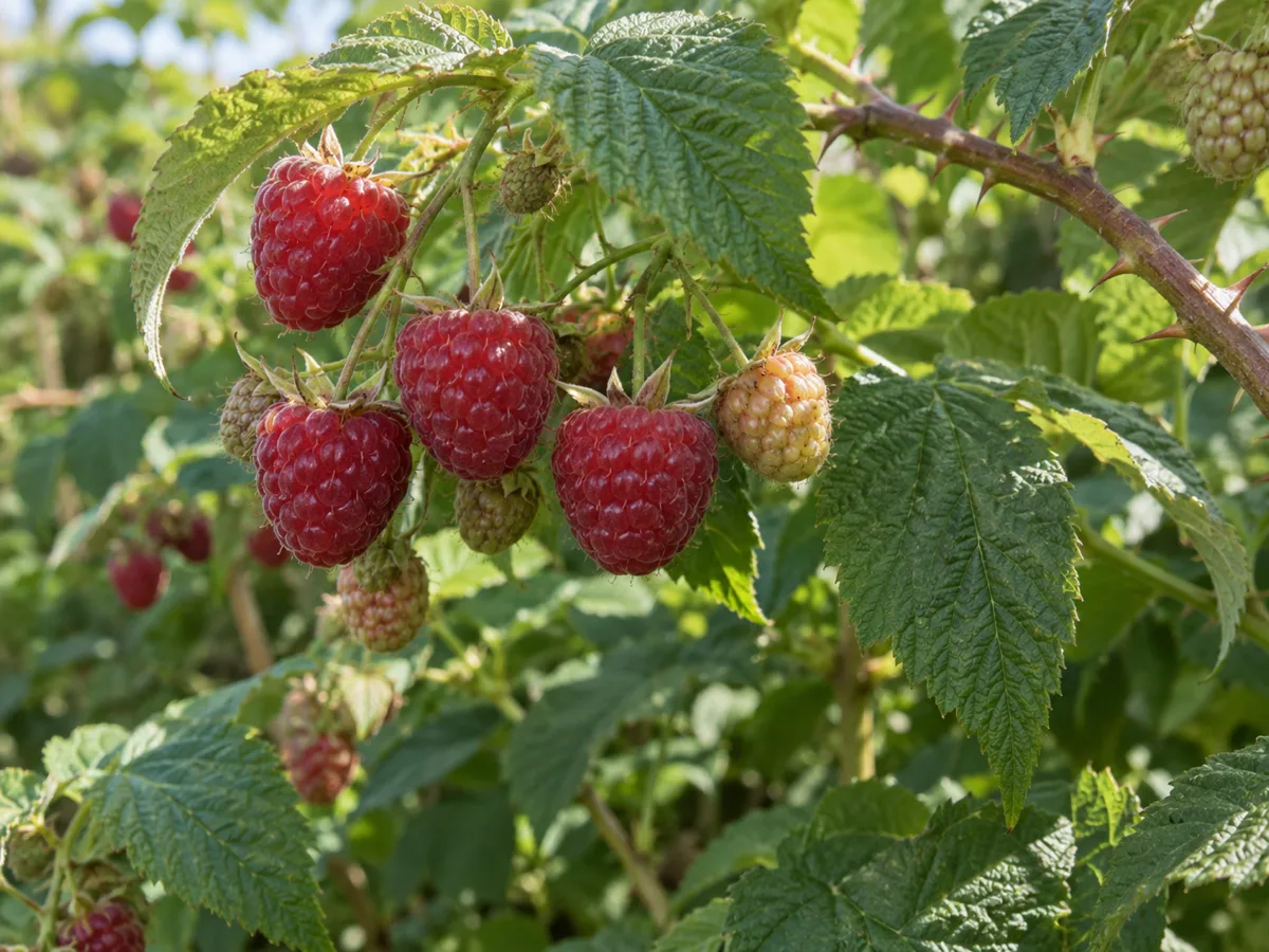Ripe red raspberries and pale unripe berries on a leafy cane, showing the color contrast used to judge harvest readiness.
