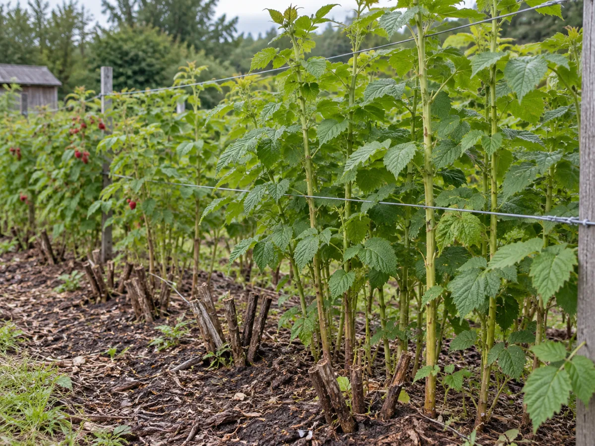 Trellised raspberry canes after pruning in an outdoor garden row