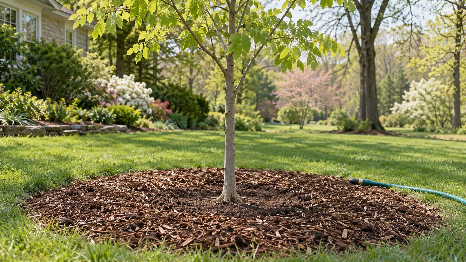 A young yellowwood tree planted at the correct depth with its root flare visible and mulch clear of the trunk