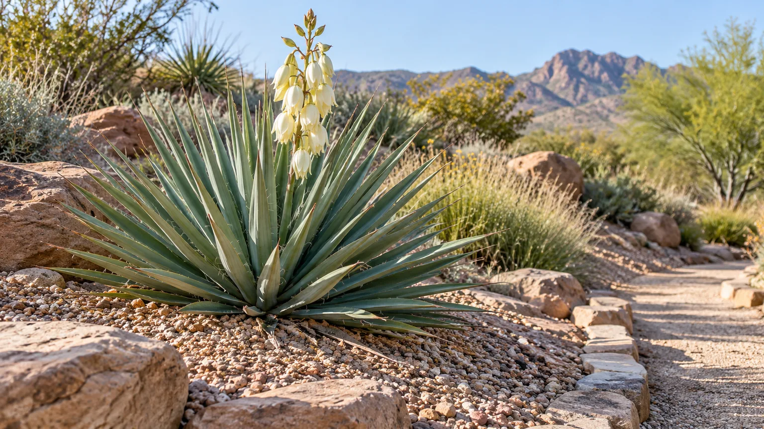 Banana yucca planted in a sunny, raised gravel bed with clear space from the garden path
