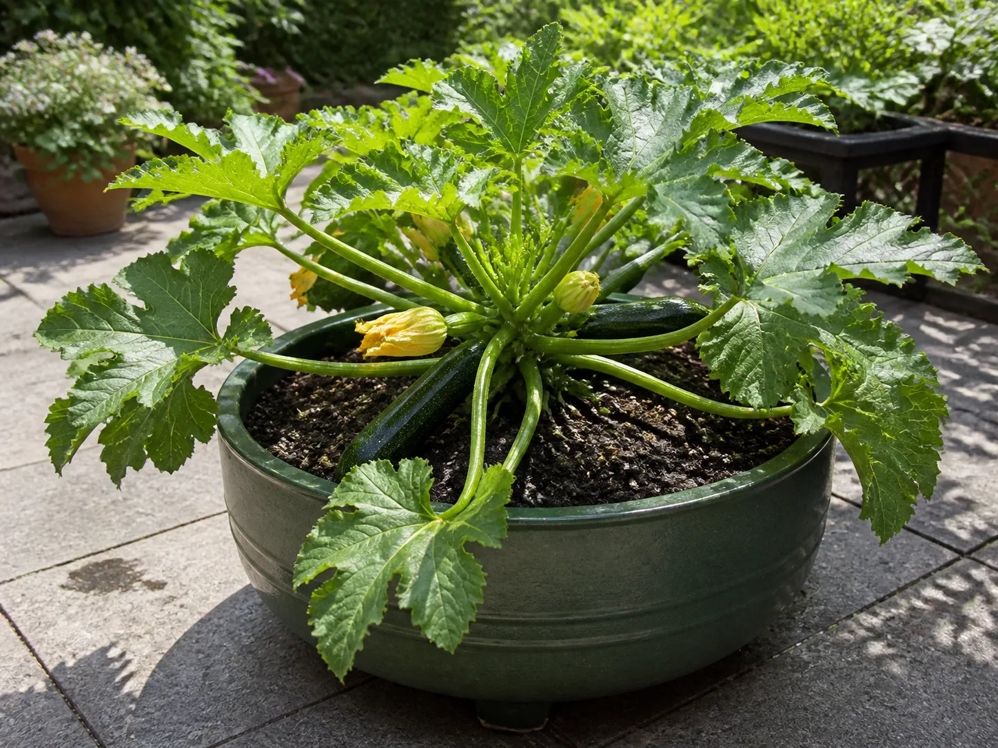 A healthy zucchini plant growing in a large container on a sunny patio beside a compact trellis, with yellow flowers and young green fruit visible