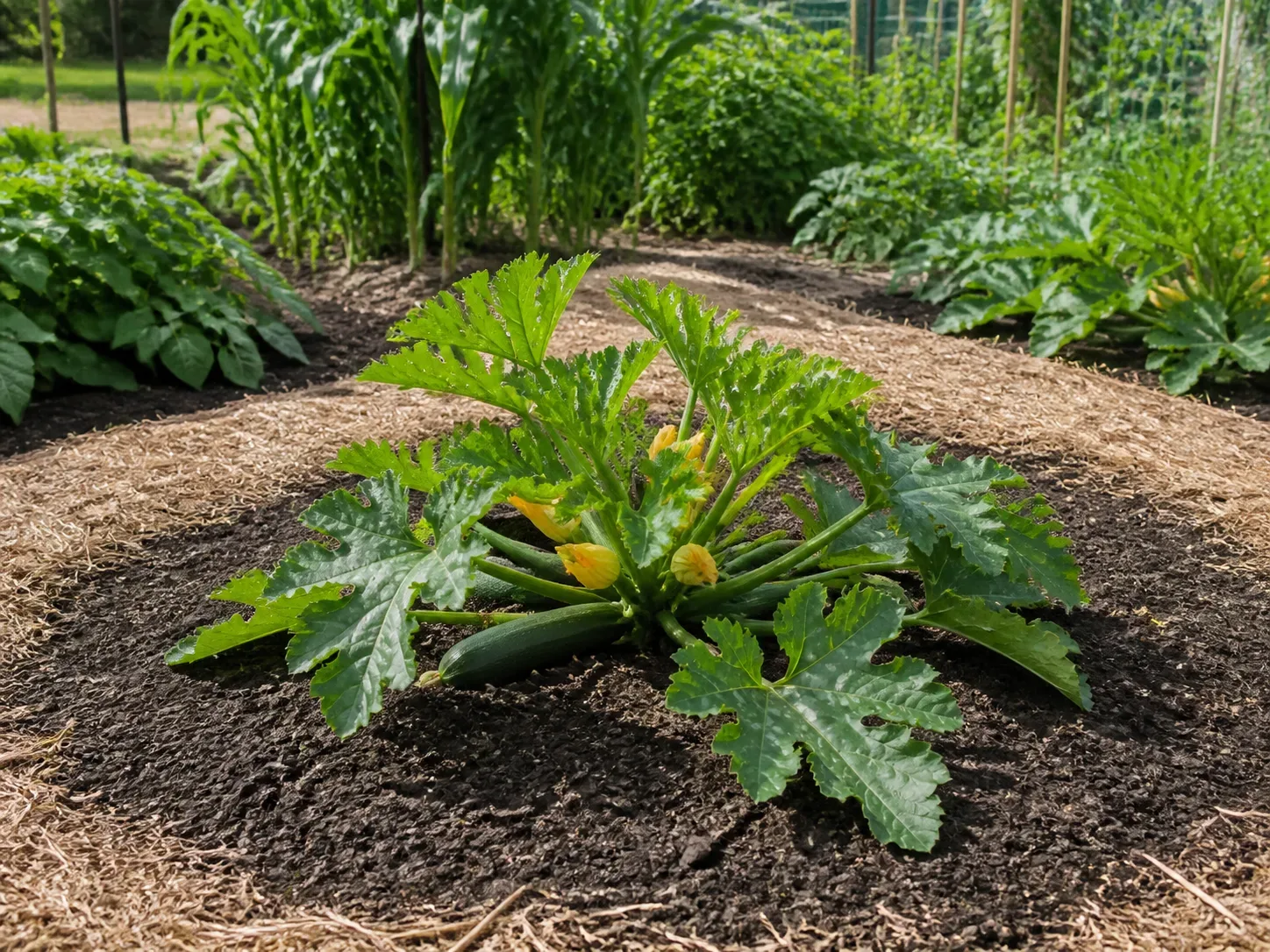 A roomy in-ground vegetable bed with one zucchini plant given open space, compost-rich soil, mulch, and room for leaves to spread
