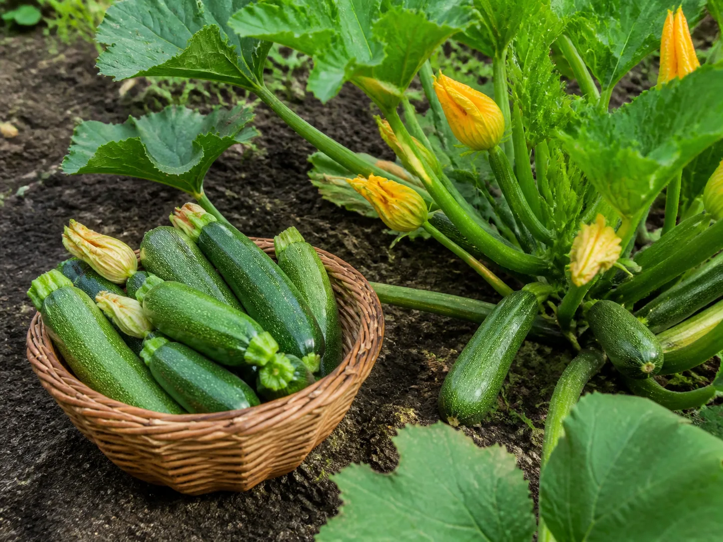 A basket of young zucchini harvested at different tender sizes beside a flowering plant, illustrating frequent picking before fruit becomes oversized