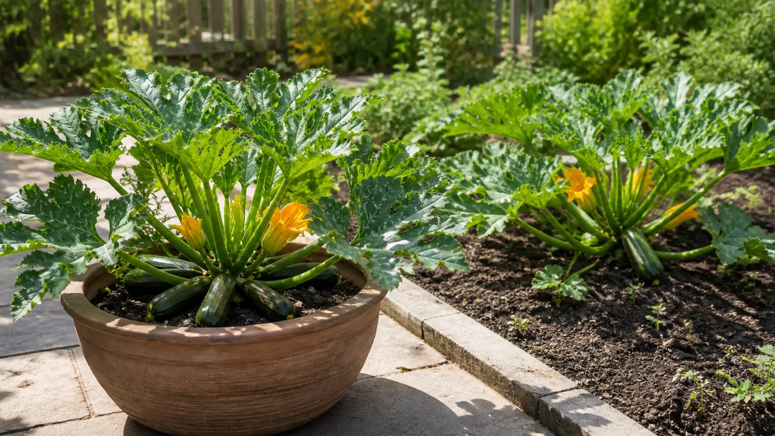 Healthy zucchini growing in a large patio container beside an in-ground garden plant