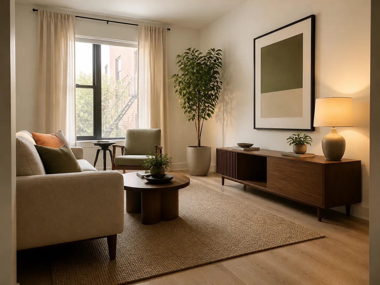 Rug, curtains, framed art, greenery, and a warm lamp scaled for a small apartment living room