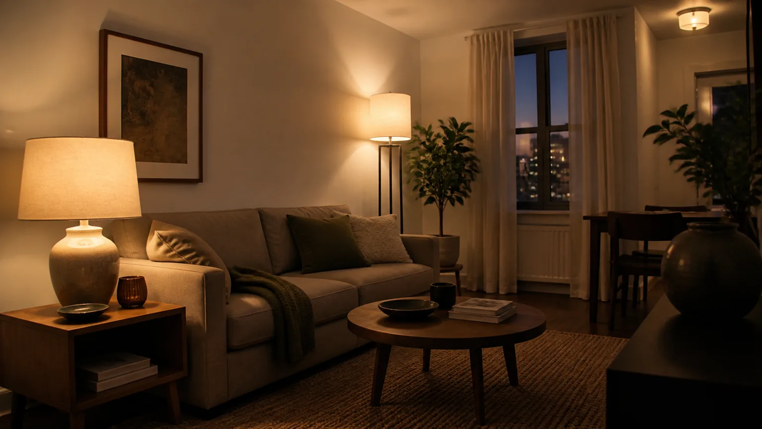 Layered warm lighting in a renter-friendly apartment living room
