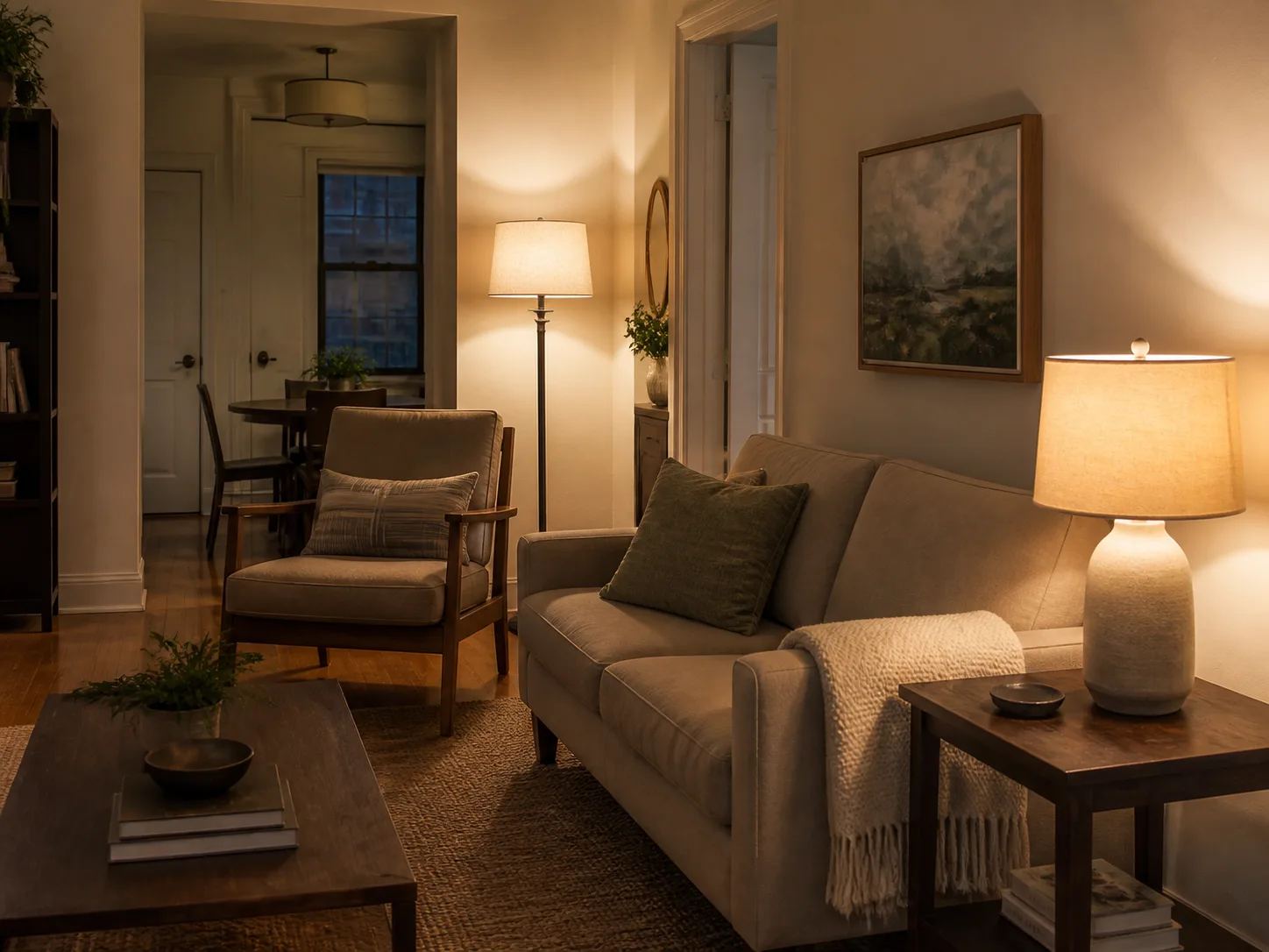 Shaded table and floor lamps placed beside apartment seating for layered light