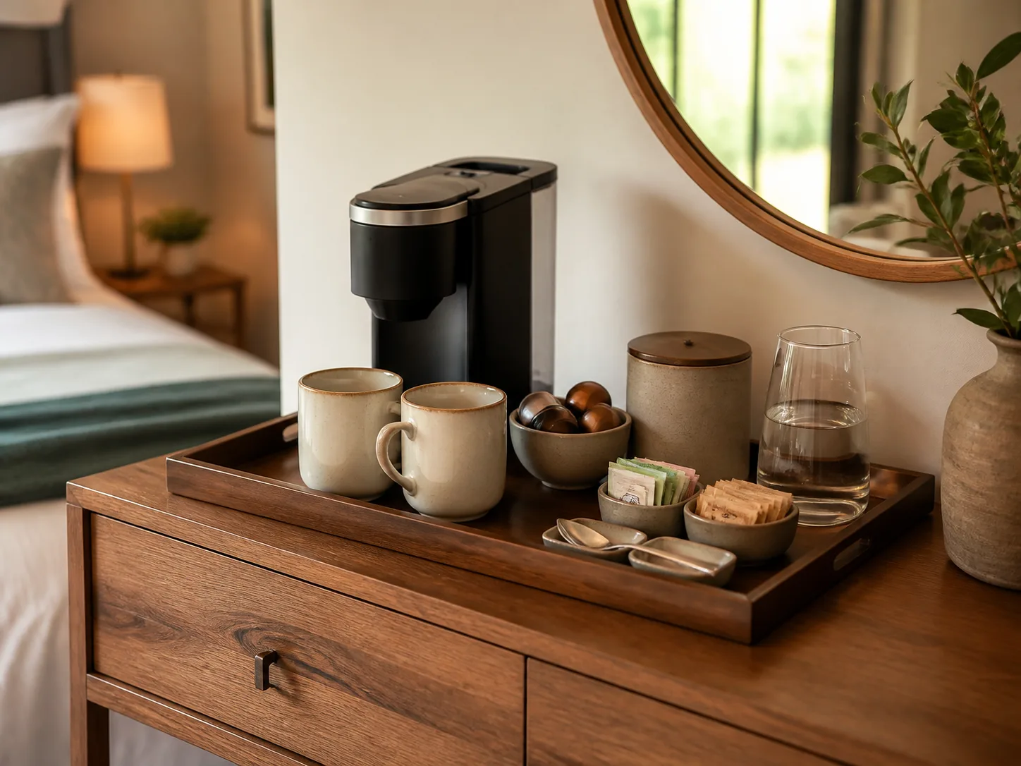 Guest coffee station arranged on a tray in the order a sleepy guest will use it