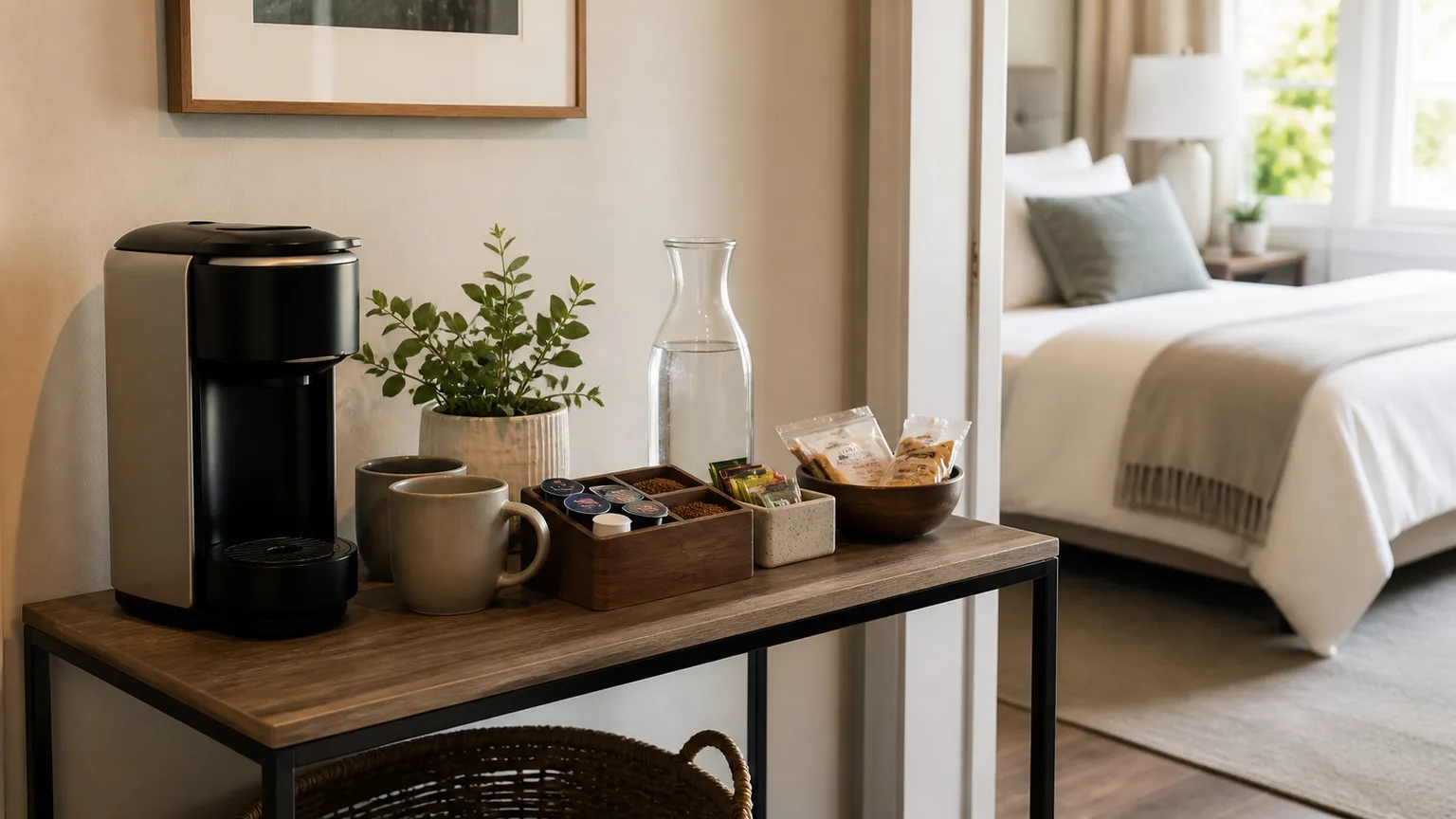 Guest room coffee station with a compact brewer, mugs, coffee, tea, water, and snacks