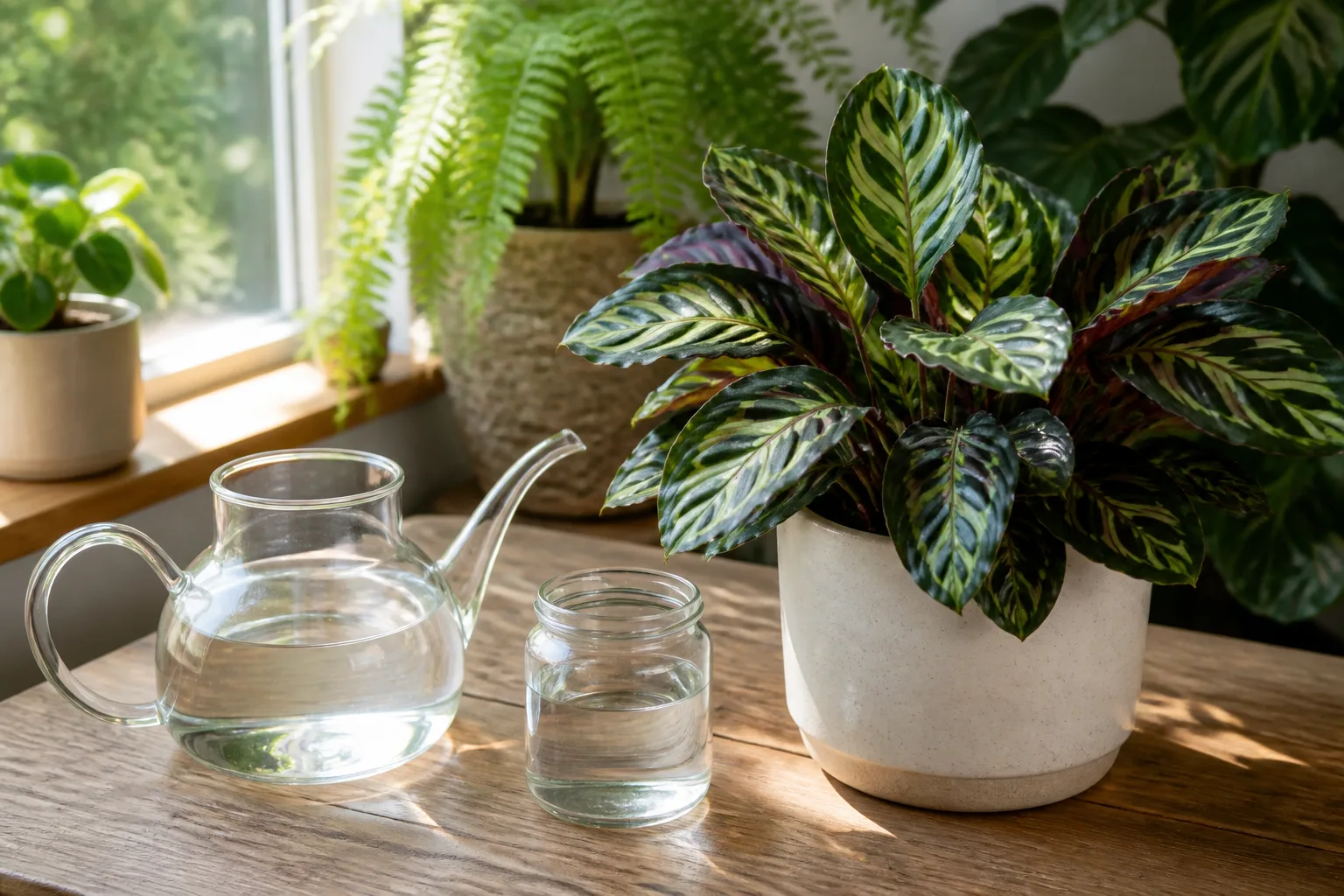 Clear glass watering can of rested water beside a humidity-loving houseplant for safer hard-water watering
