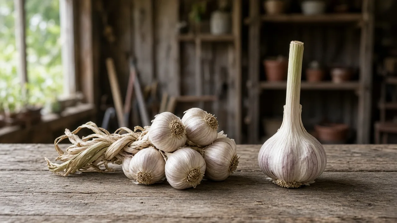 Garlic plants maturing in an outdoor garden bed