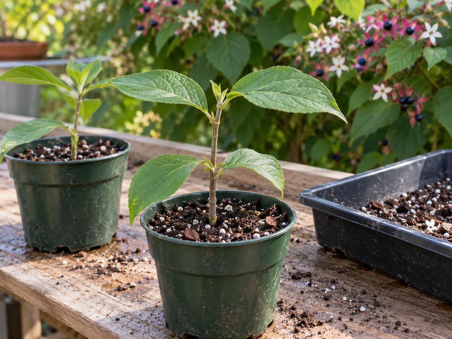 Semi-hardwood harlequin glorybower cuttings set in a free-draining propagation medium