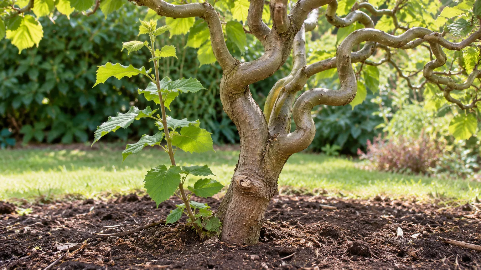 A contorted filbert with a straight rootstock sucker rising below the twisted stems.