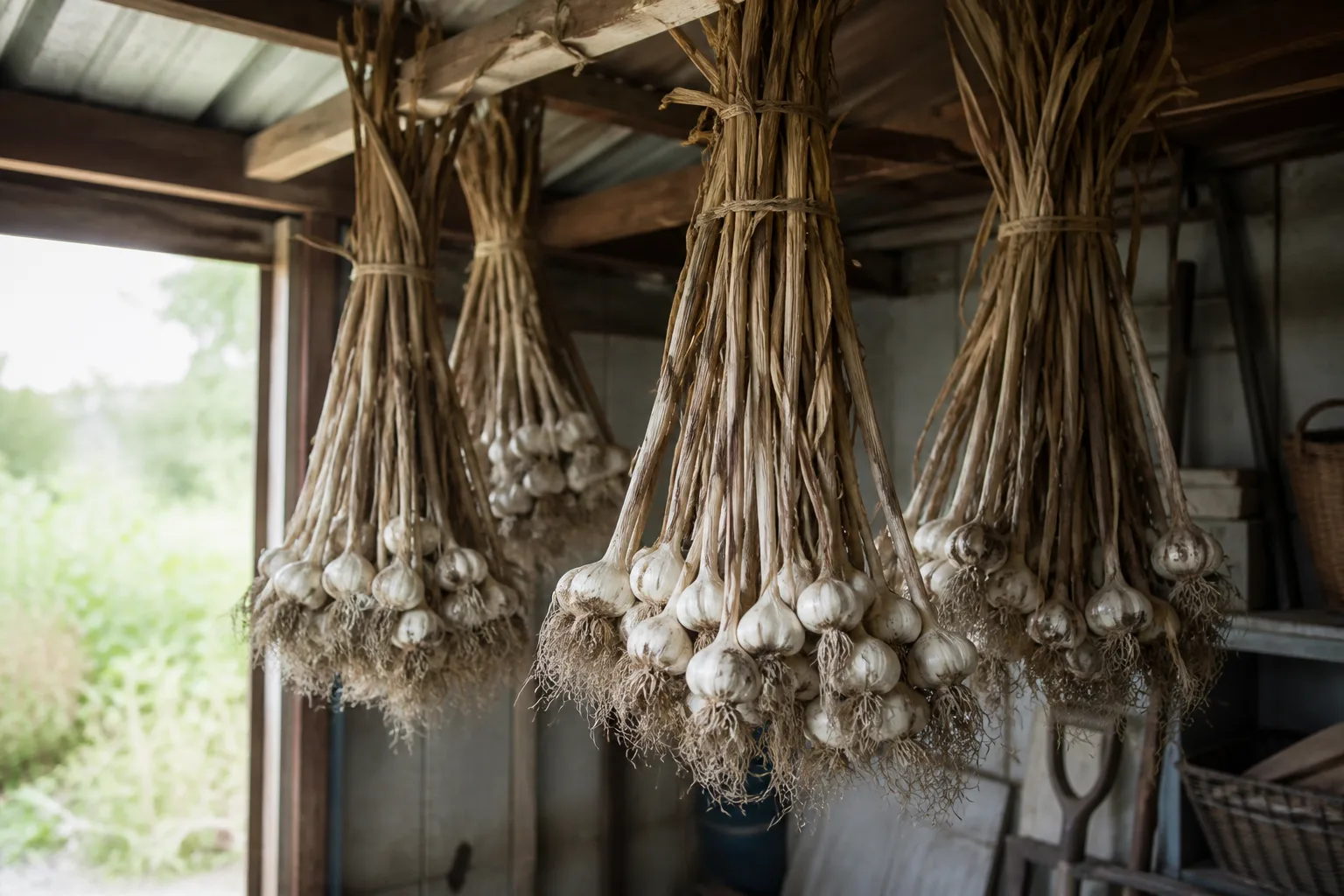 Garlic bundles tied with twine and hanging bulb-down in a shaded shed for curing