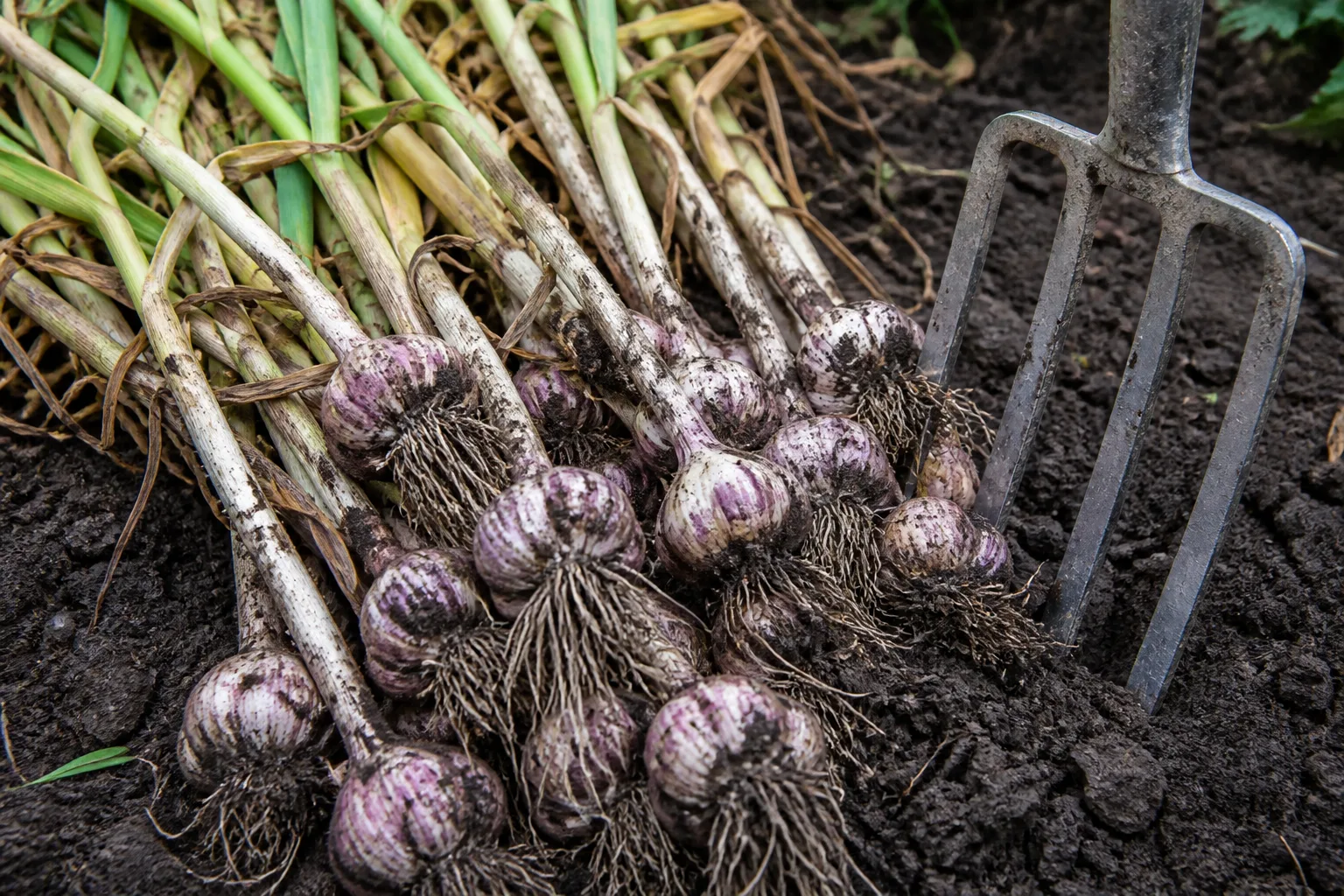 Freshly dug garlic bulbs with roots and stems beside a garden fork on soil