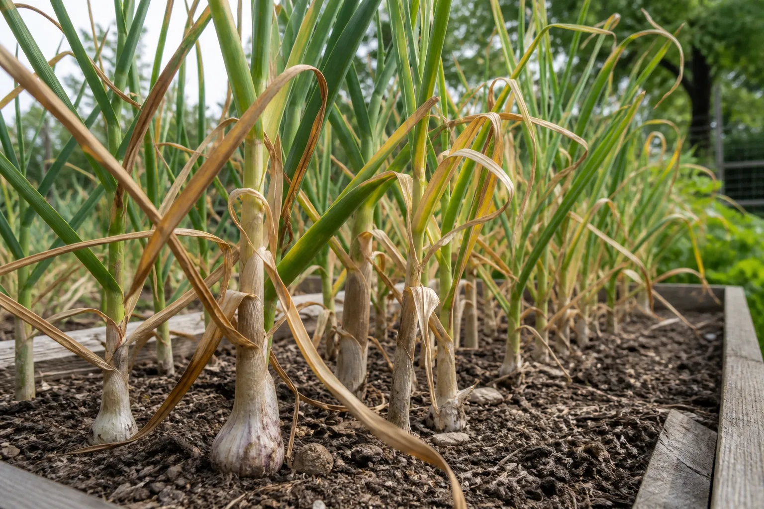 Rows of mature garlic plants in a vegetable bed with brown lower leaves and green upper leaves showing harvest-ready timing