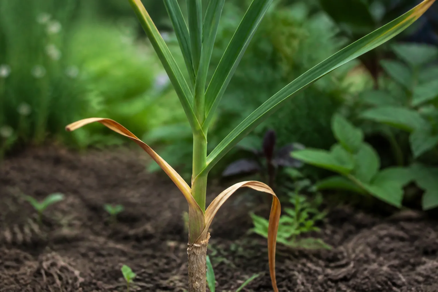 Garlic plant with dried brown lower leaves and green upper leaves indicating harvest timing