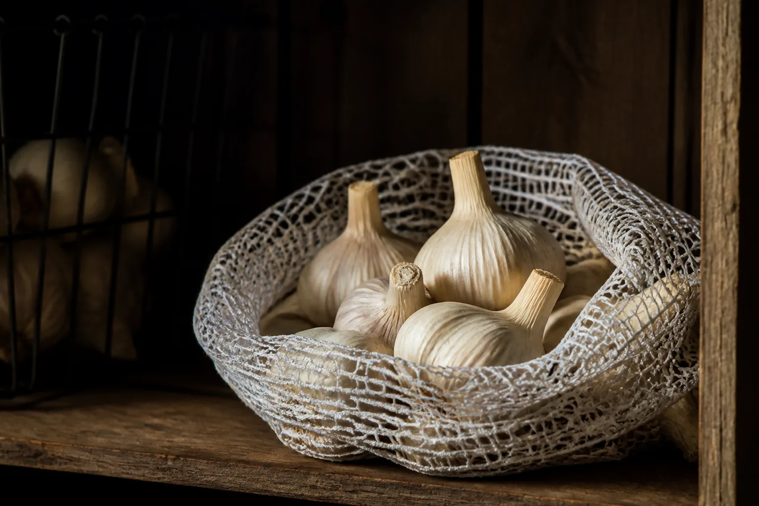 Cured garlic bulbs stored in a mesh bag on a wooden shelf in a cool dark pantry