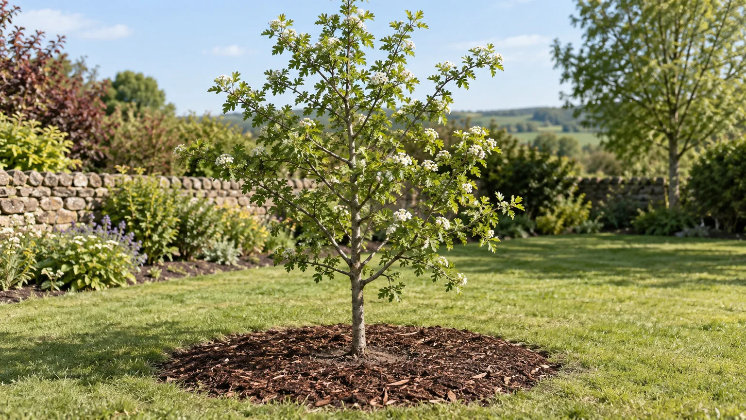 Young hawthorn tree planted in a sunny garden with open space around its future canopy