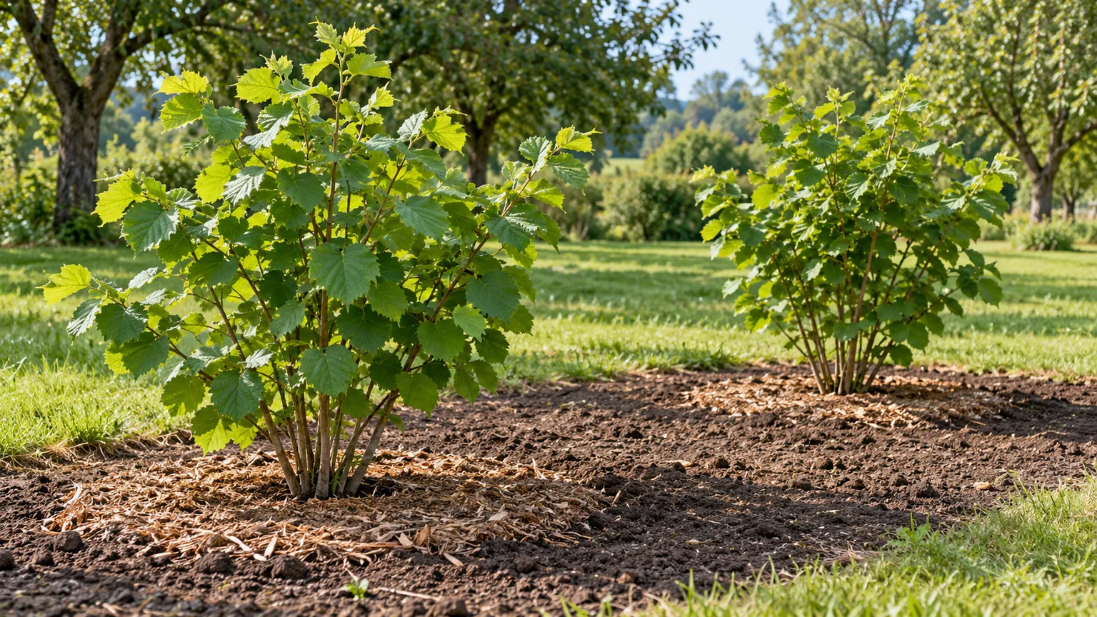 Two young hazelnut shrubs planted in a sunny garden with space between the canopies and mulch kept away from the stems