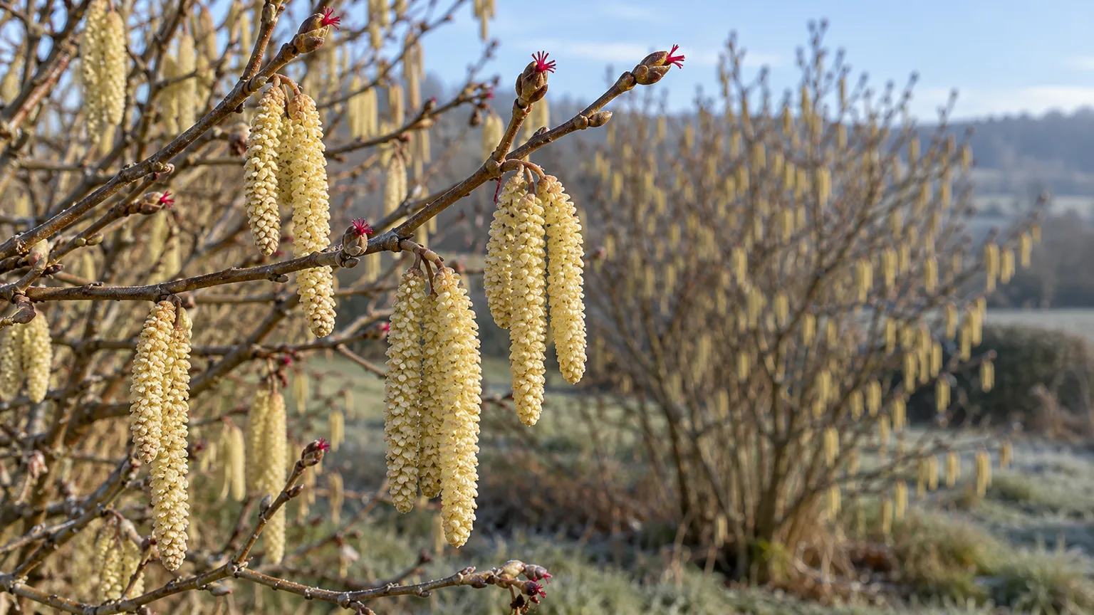 Yellow male hazelnut catkins and small red female flower styles on bare branches before leaf-out