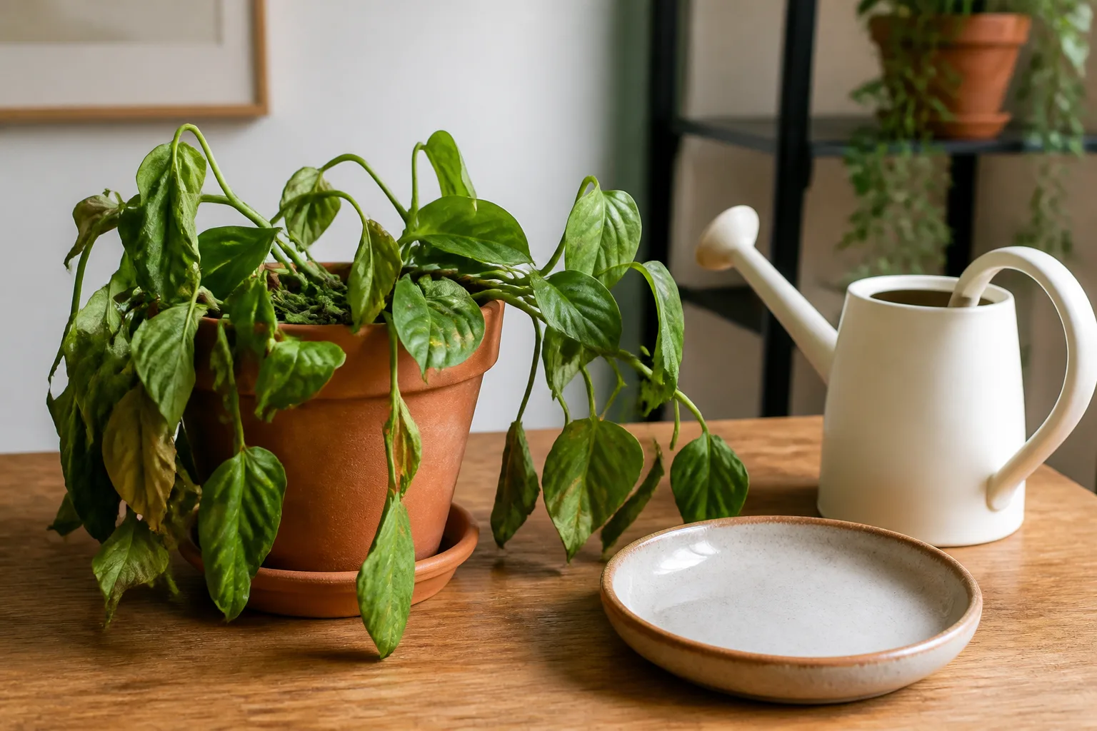 Hands moving a limp houseplant off hot west glass onto a cooler shaded shelf