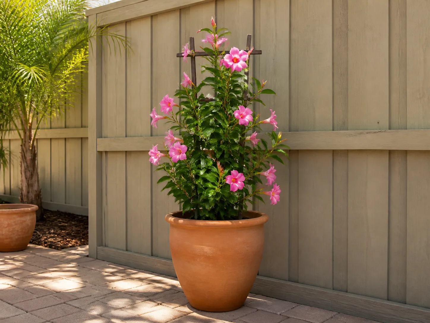 Potted flowering climber on an independent trellis in front of a wooden fence