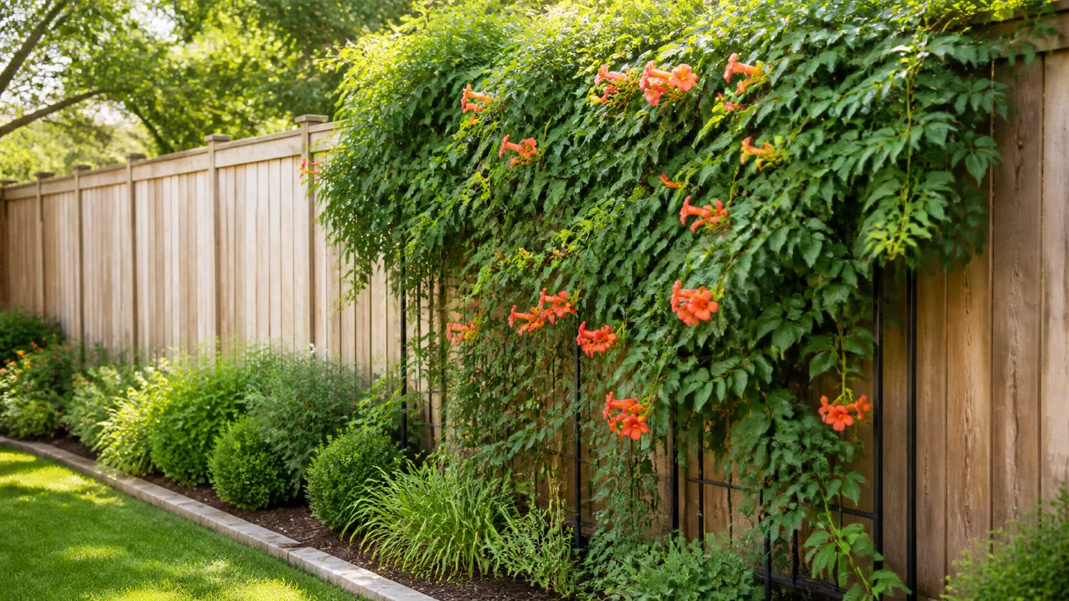 Flowering climber on a trellis softens a backyard fence with layered planting
