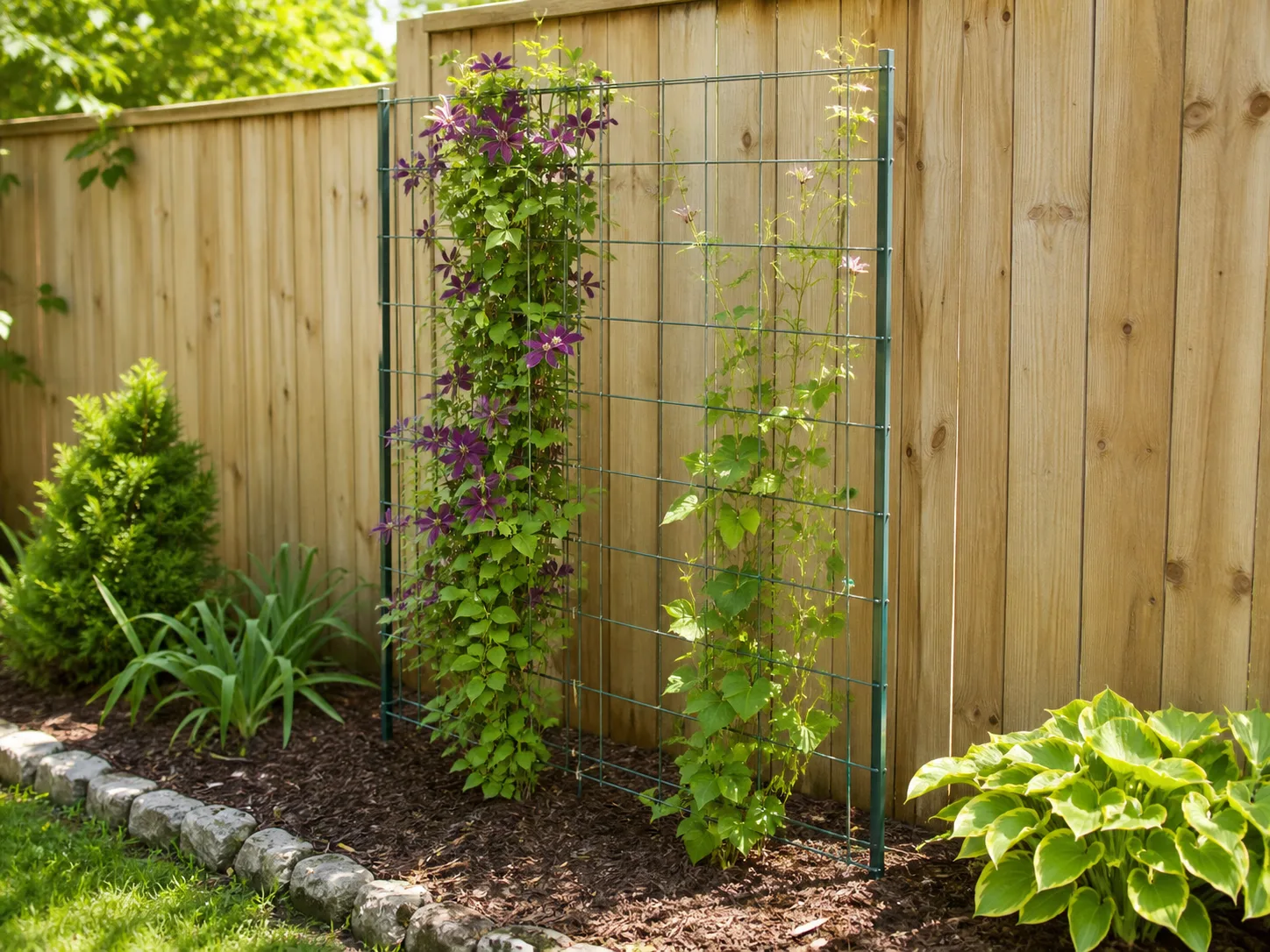 A freestanding trellis supporting climbing plants in front of a wood fence