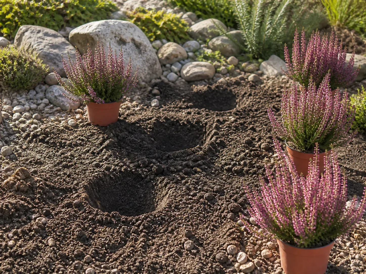 Young Calluna vulgaris plants arranged beside planting holes in a prepared gritty garden bed