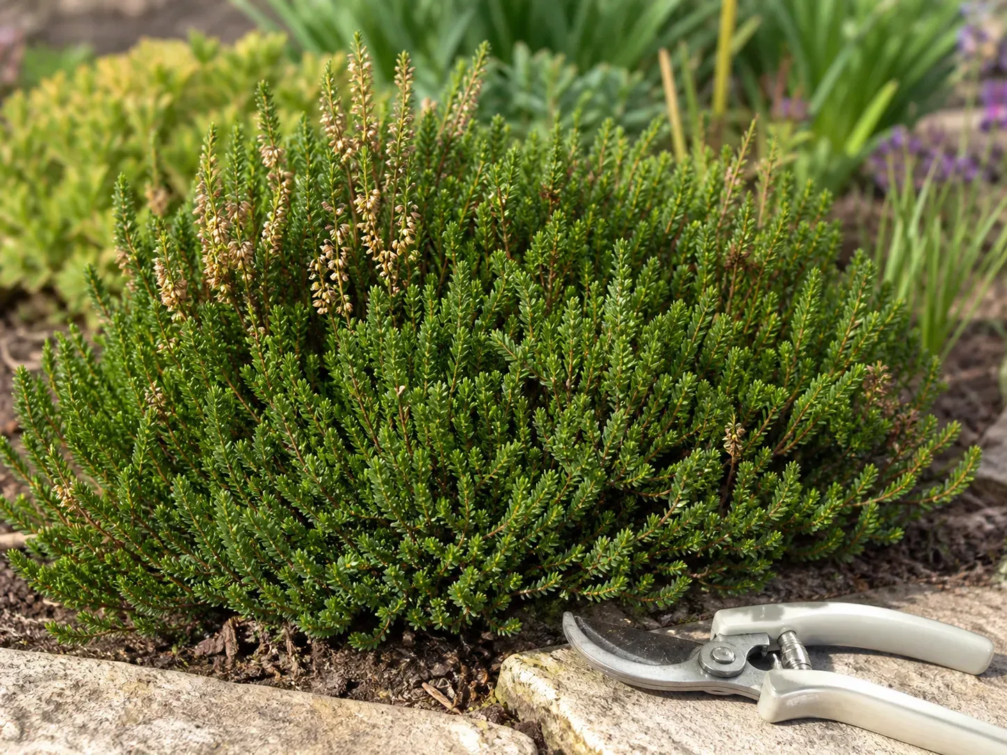 A compact, healthy mound of Calluna vulgaris after light spring maintenance, with clean pruners beside the plant