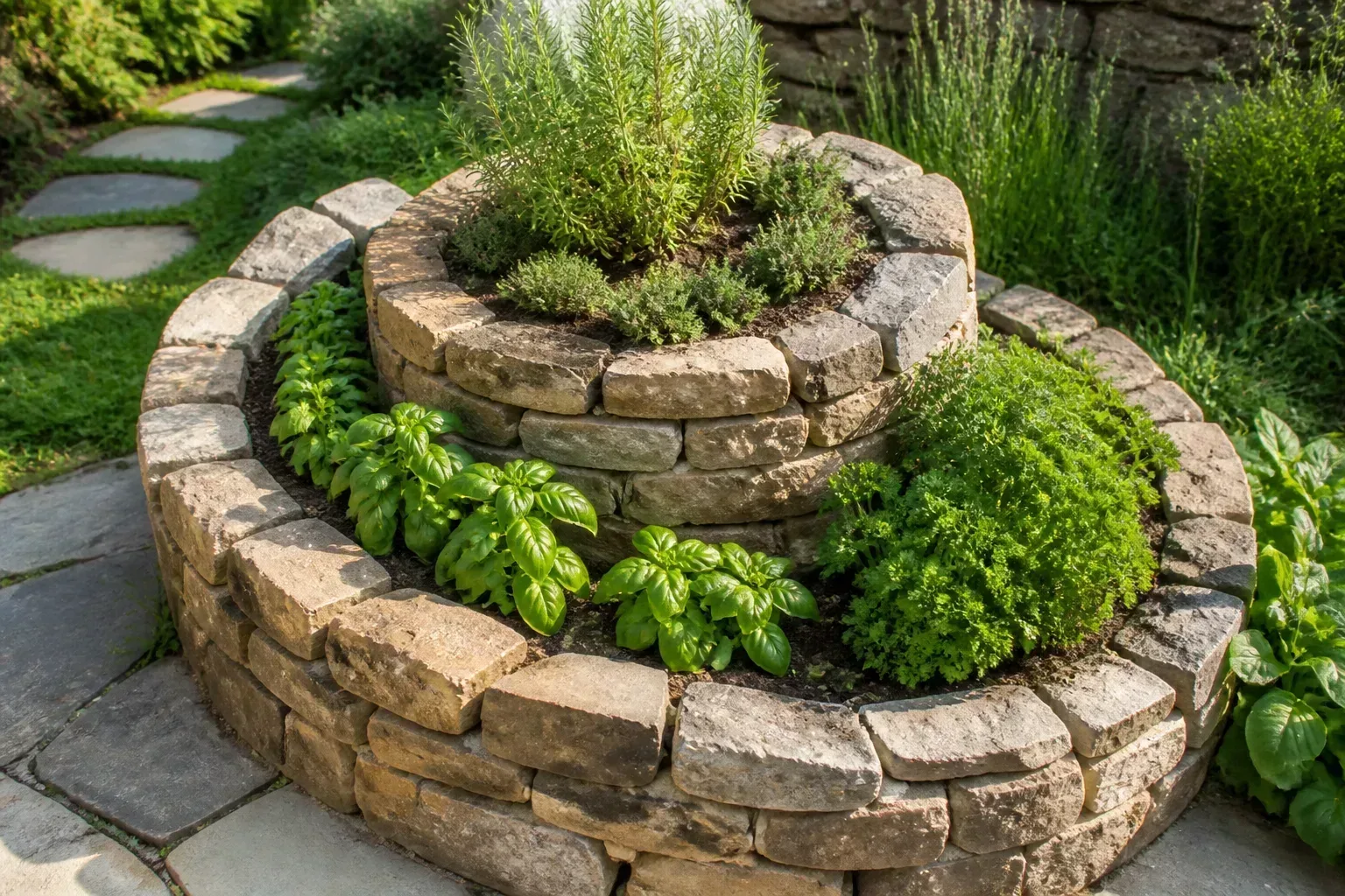 Spiral herb garden bed with mixed culinary herbs in a sunny kitchen garden