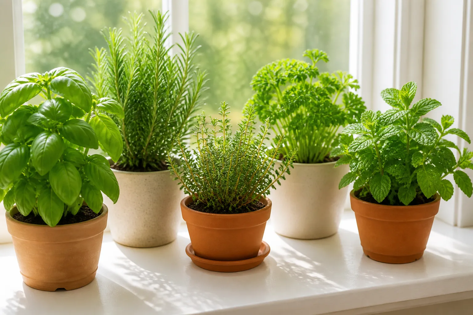 Kitchen windowsill with multiple potted culinary herbs in bright daylight