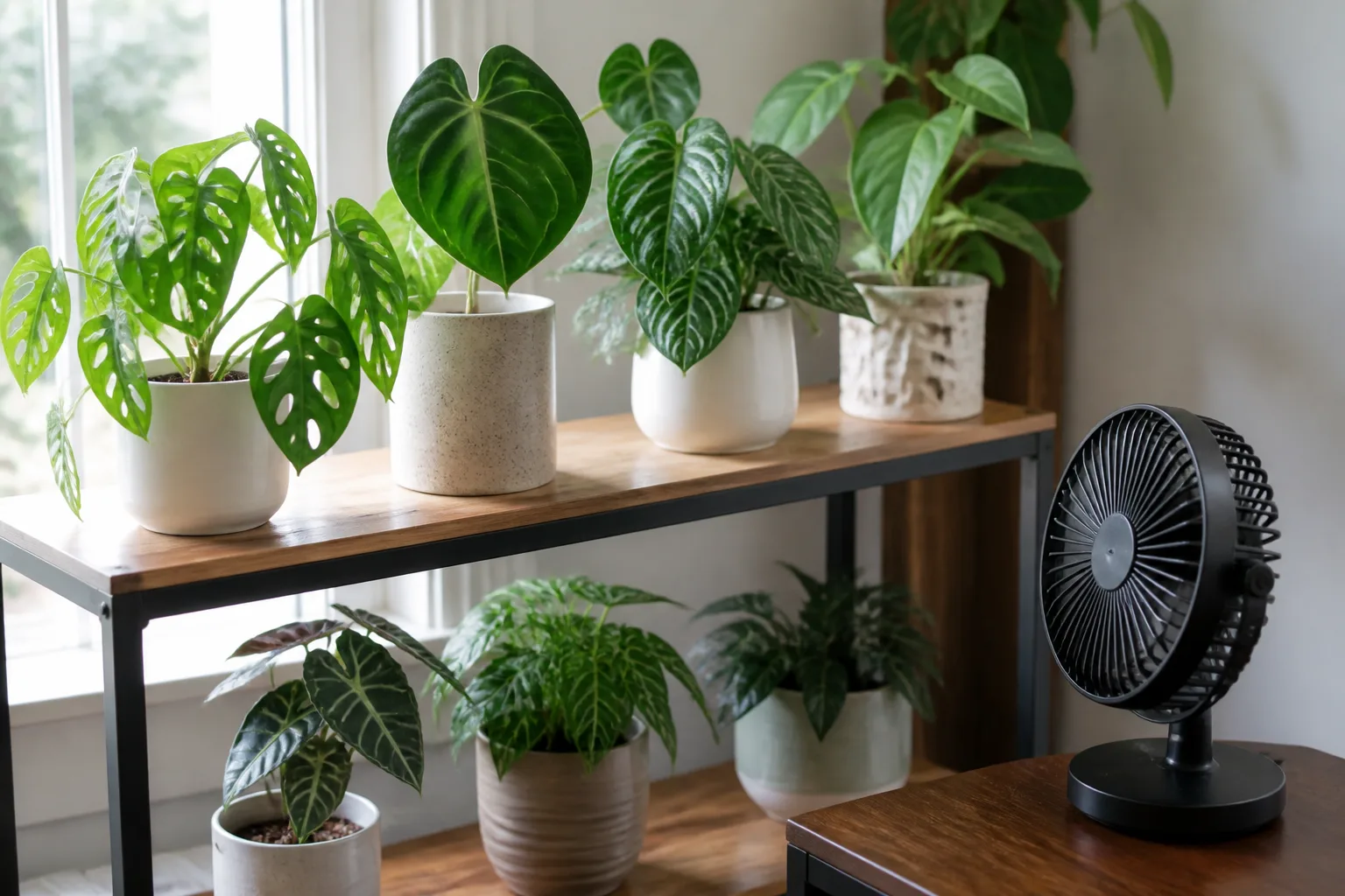 Small oscillating fan providing gentle airflow across a humid houseplant shelf