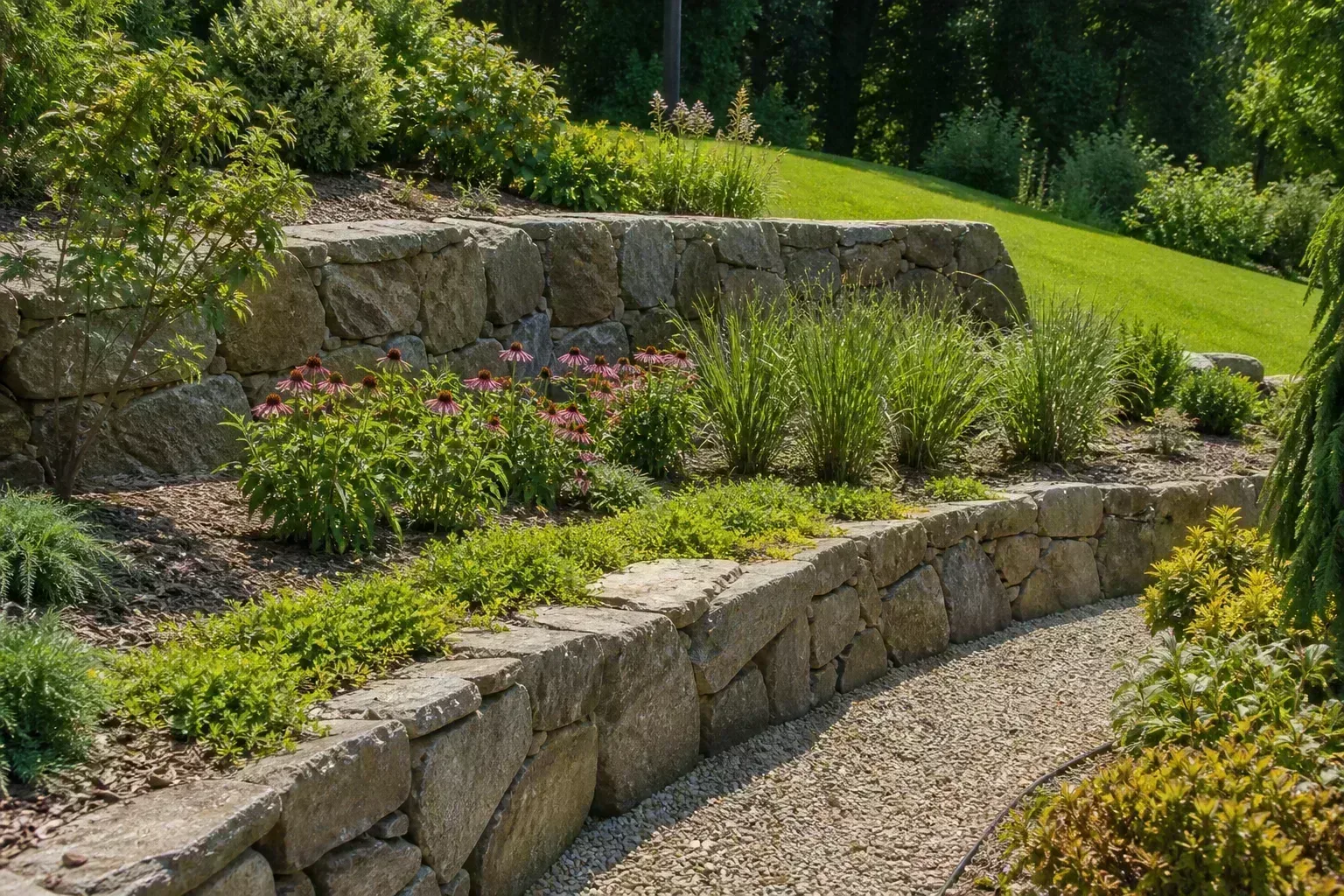 Terraced hillside garden with stone retaining walls, groundcover, and mixed plantings stepping down a slope