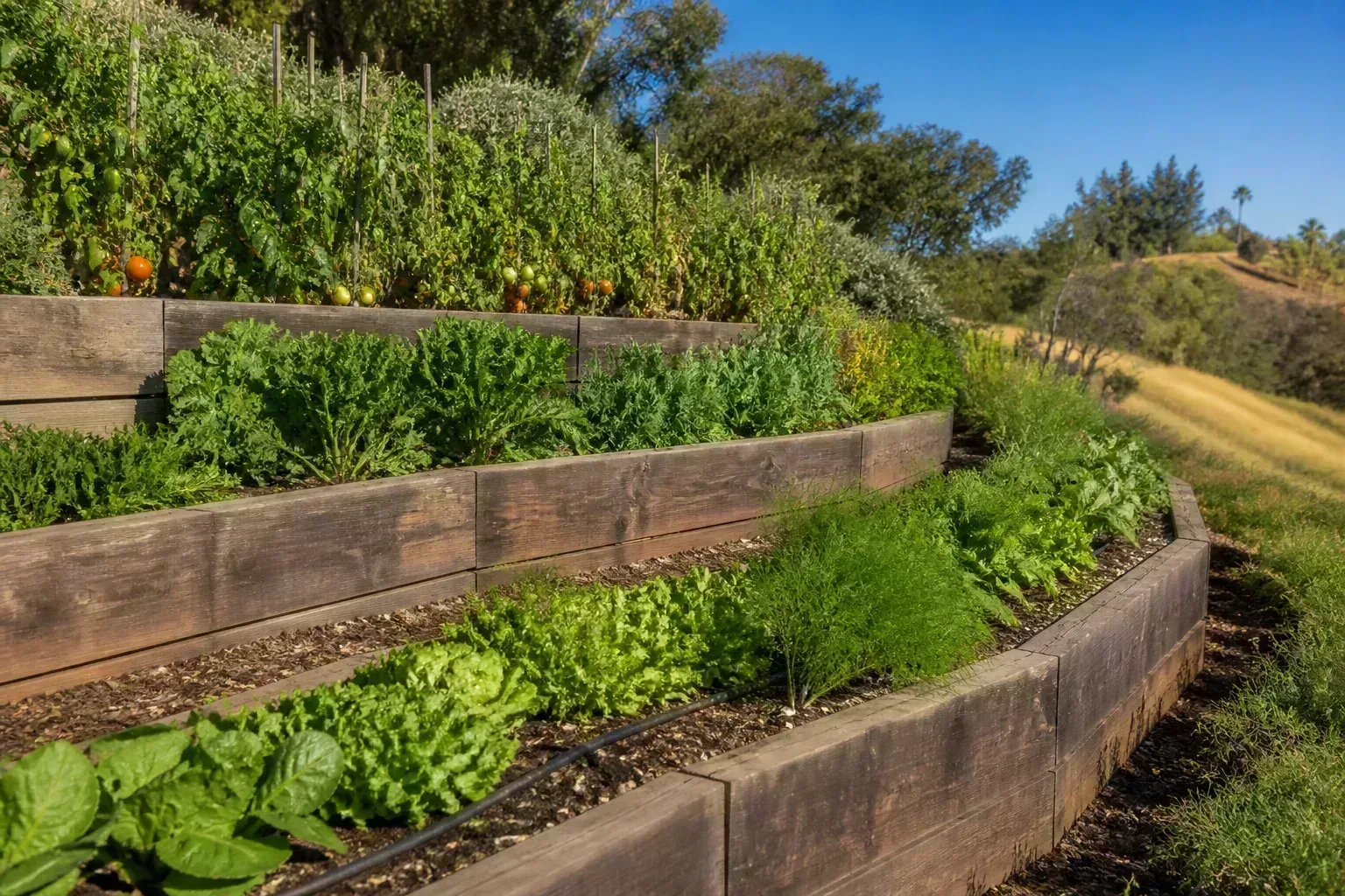 Terraced hillside garden with short retaining walls and vegetable planting between tiers