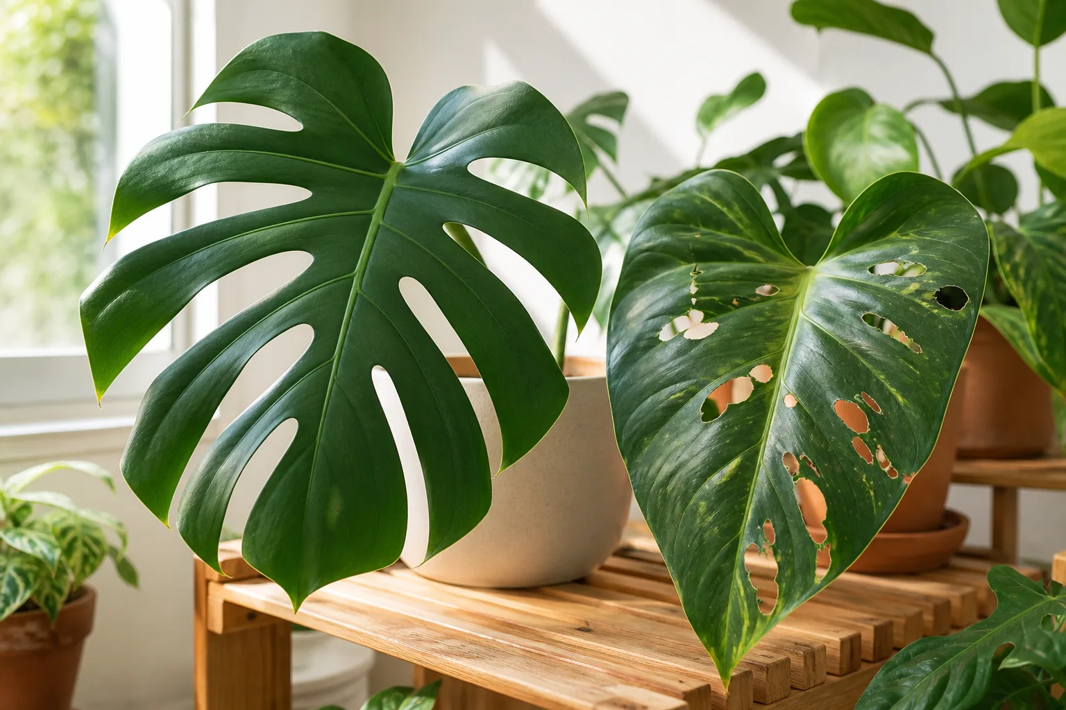 Houseplant leaf with both natural fenestration holes and pest-damaged holes side by side for comparison