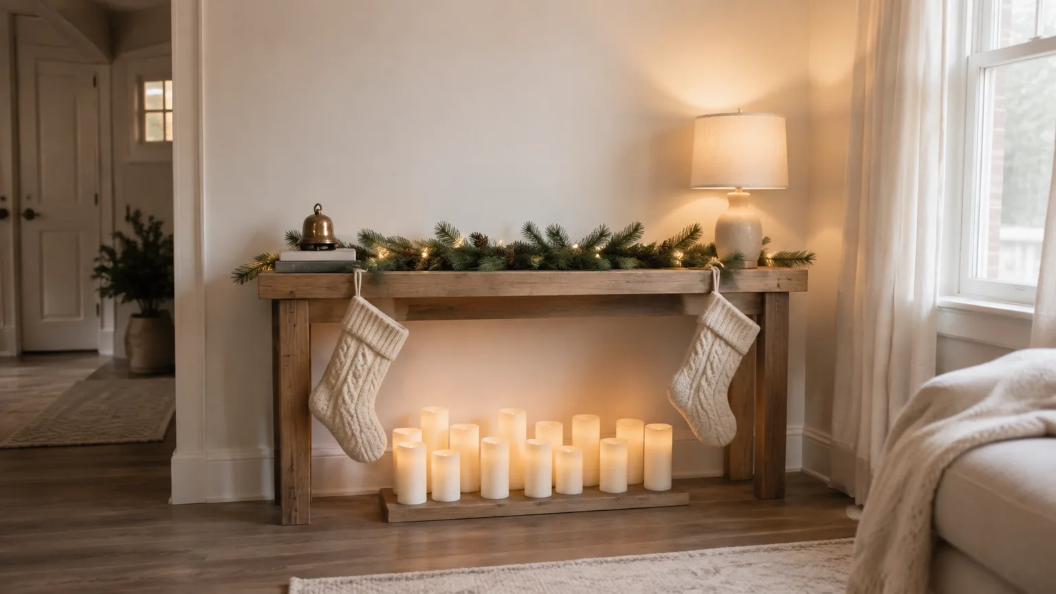A compact console styled with flameless candles, stockings, and evergreen garland