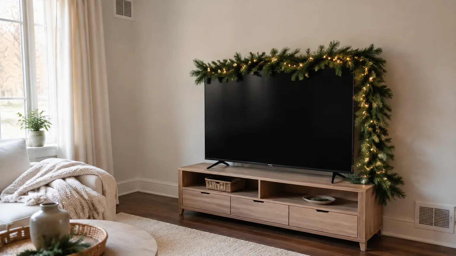 A slim evergreen garland frames the top and side of a TV in a small apartment living room