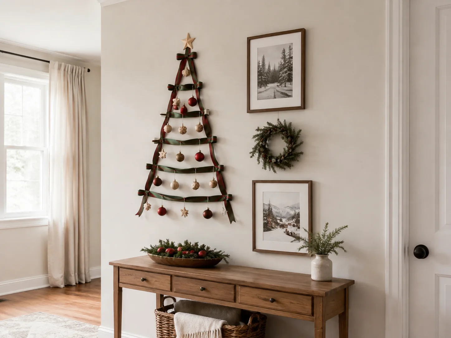 A ribbon wall tree and small wreath create a vertical holiday gallery above a slim console