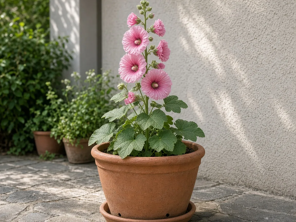 Hollyhock growing in a large patio container