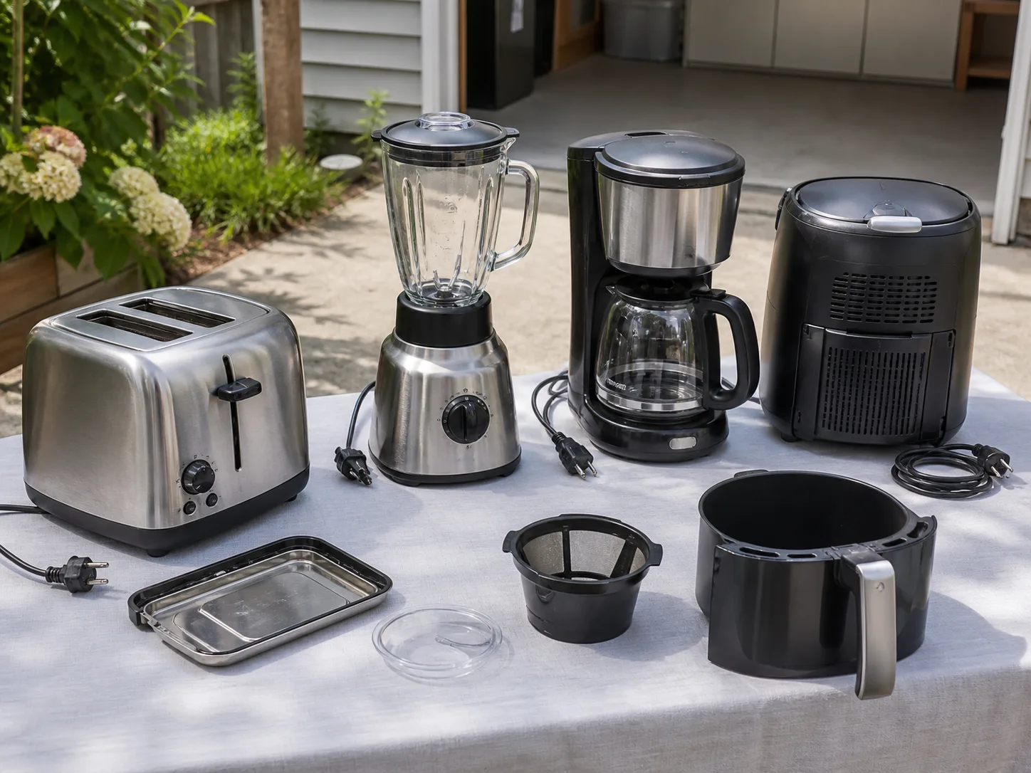 Small appliances arranged outdoors with cords and removable parts visible for a secondhand safety check