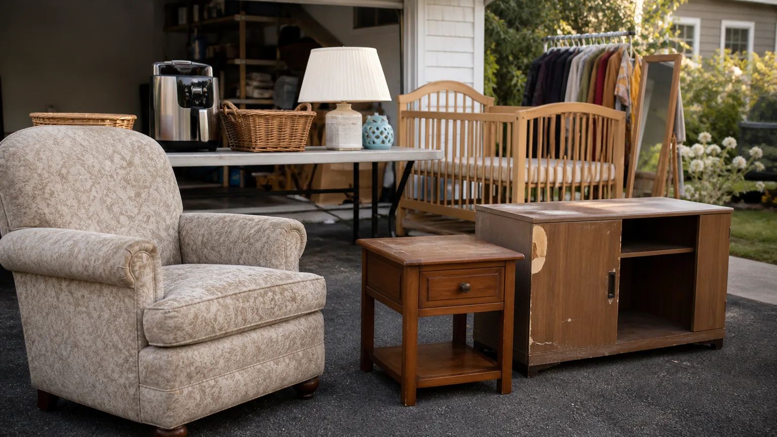 Outdoor yard sale with upholstered furniture, a crib, appliances, and wood cabinets to inspect carefully
