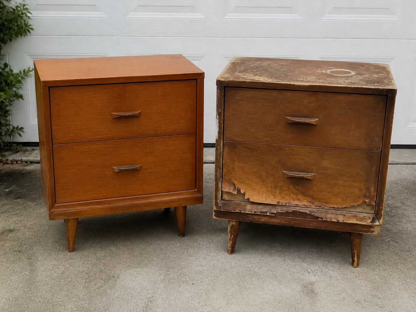 Sound wood furniture beside a cabinet with bubbling veneer and water damage for a secondhand repair comparison