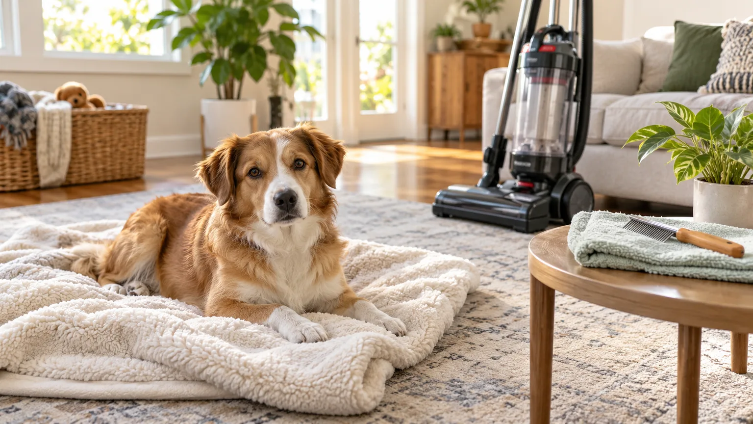 A dog resting on a clean washable blanket beside a vacuum and flea comb