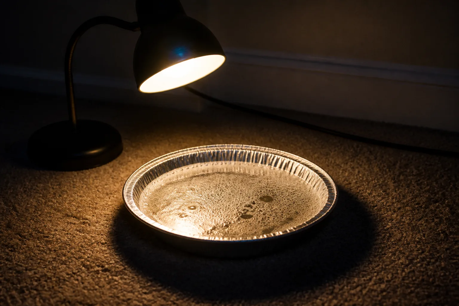 Shallow soapy water bowl on carpet under a desk lamp for an overnight flea trap